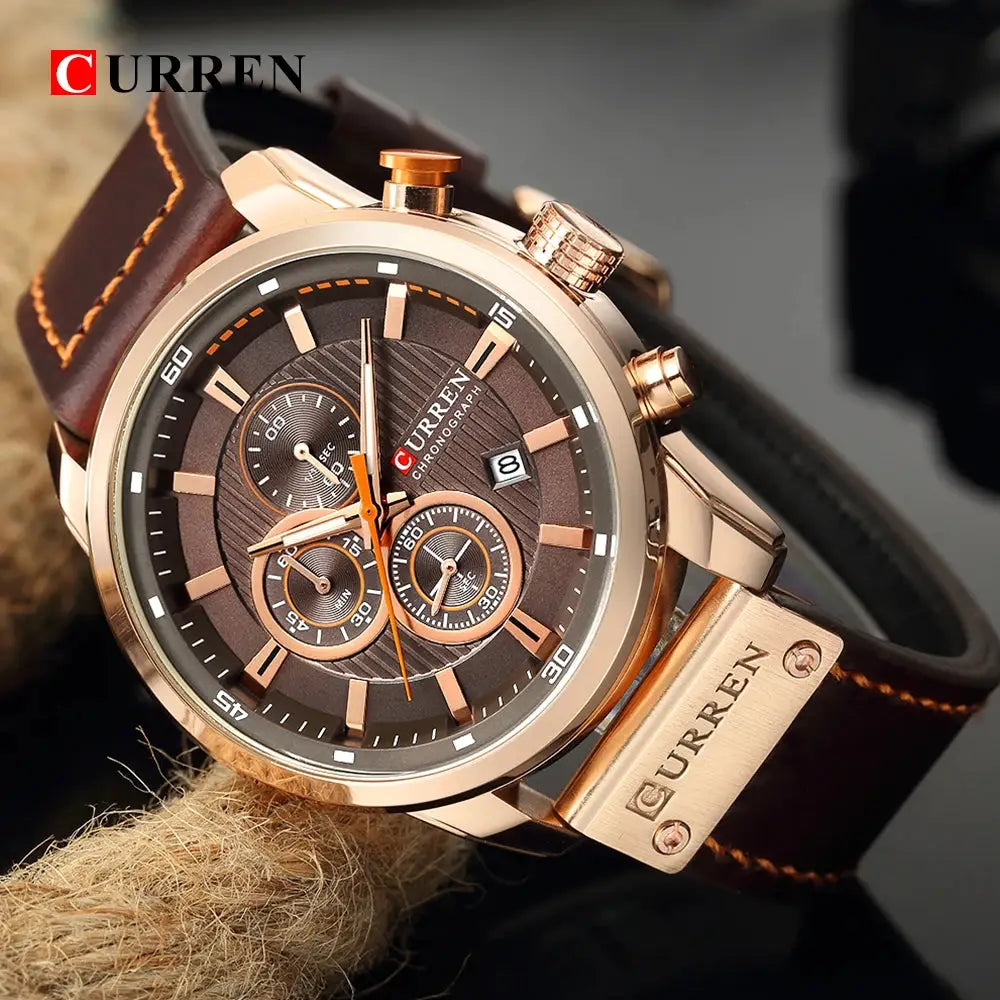 Curren men's quartz chronograph watch with rose gold case, brown dial and orange-stitch brown leather strap
