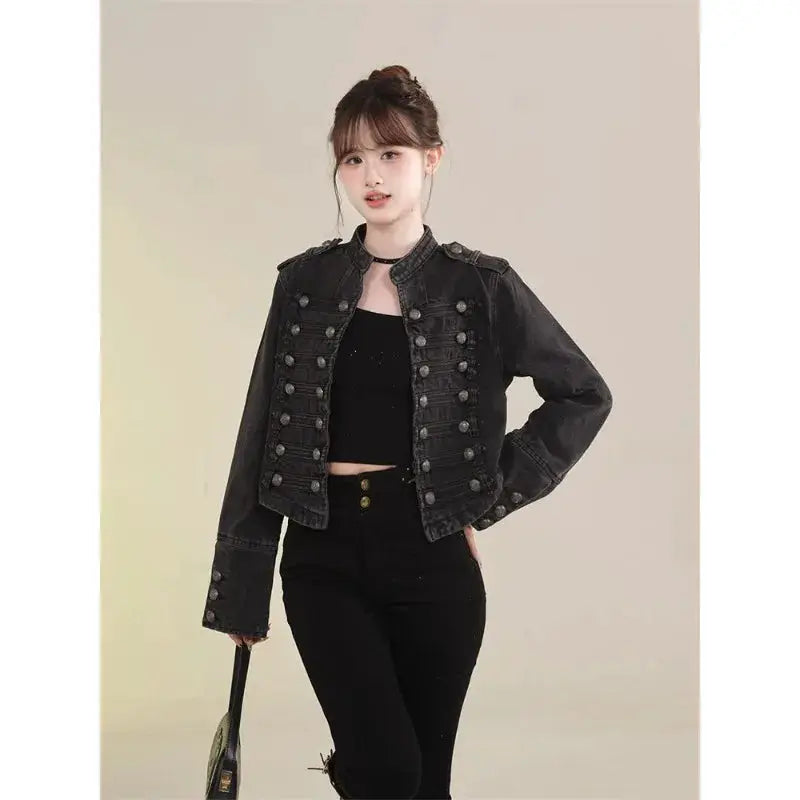 UrbanDenim Women's Short Coat Denim Jacket With Retro Button Design And Stand Up Collar For Slim Fit Autumn Winter Warmth
