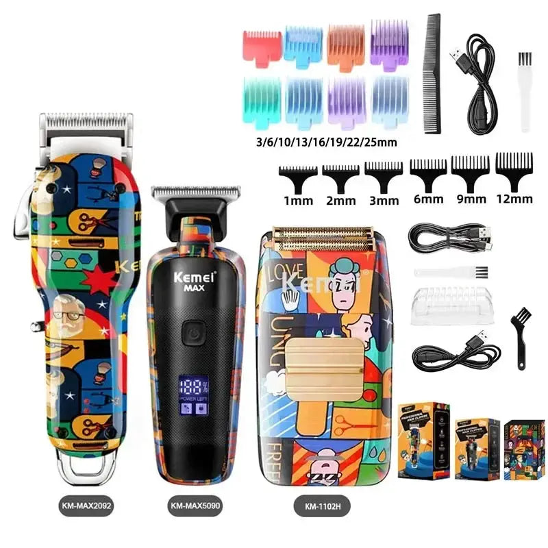 Kemei graffiti-pattern electric hair clipper kit with 3 models KM-MAX2092, KM-MAX5090 and KM-1102H plus guards and USB cable