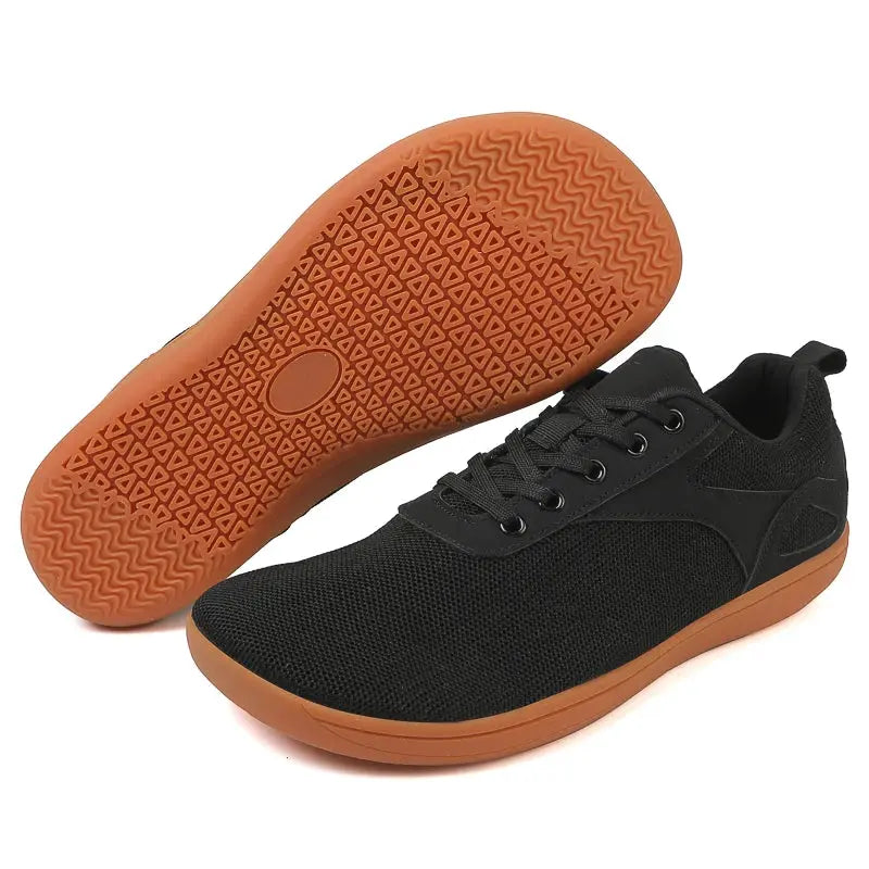 Simples Market pair of wide-toed black mesh casual sports shoes with orange gum sole