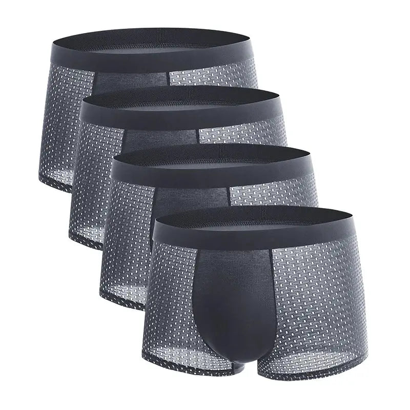 4-pack men's mesh ice-silk boxer briefs in dark grey with black waistband and breathable mesh panels.