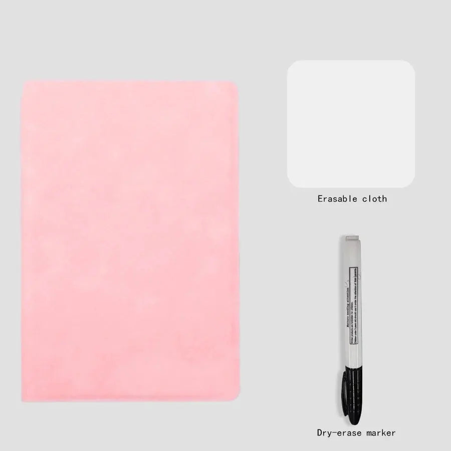 A5 pink leather reusable whiteboard notebook set with marker and erasing cloth by Simples Market
