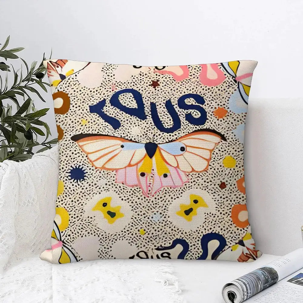Pillow cover made from plush fabric, double-sided print featuring butterfly design on beige speckled background.