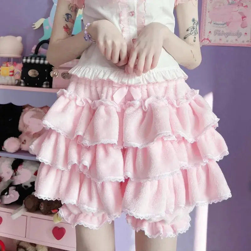 Pink layered ruffle plush shorts by Simples Market, Harajuku Lolita lantern style