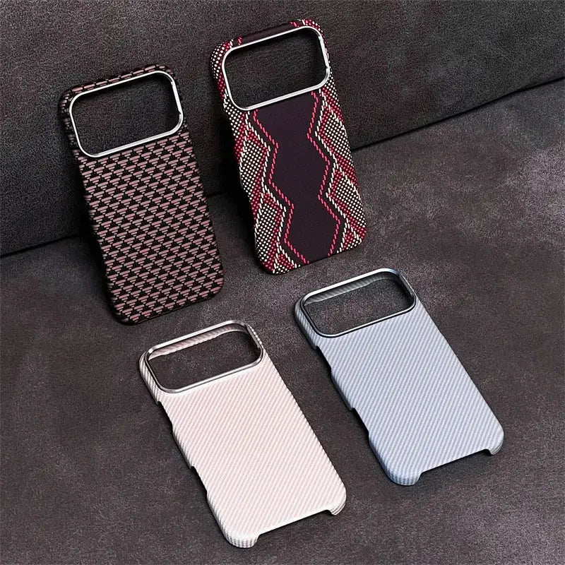 iPhone MagSafe case set (4) with carbon-fiber geometric patterns in pink, burgundy, rose and blue
