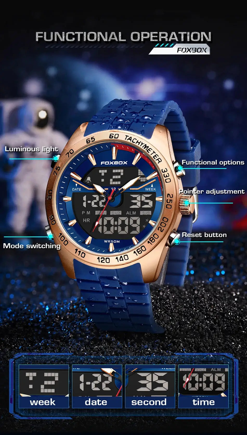 FOXBOX men's digital wristwatch with blue strap and rose-gold bezel, 30M waterproof