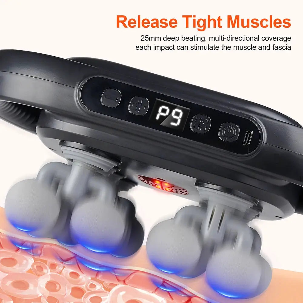 Simples Market 16-head fascia gun massage device with LED display and blue-lit massage heads.