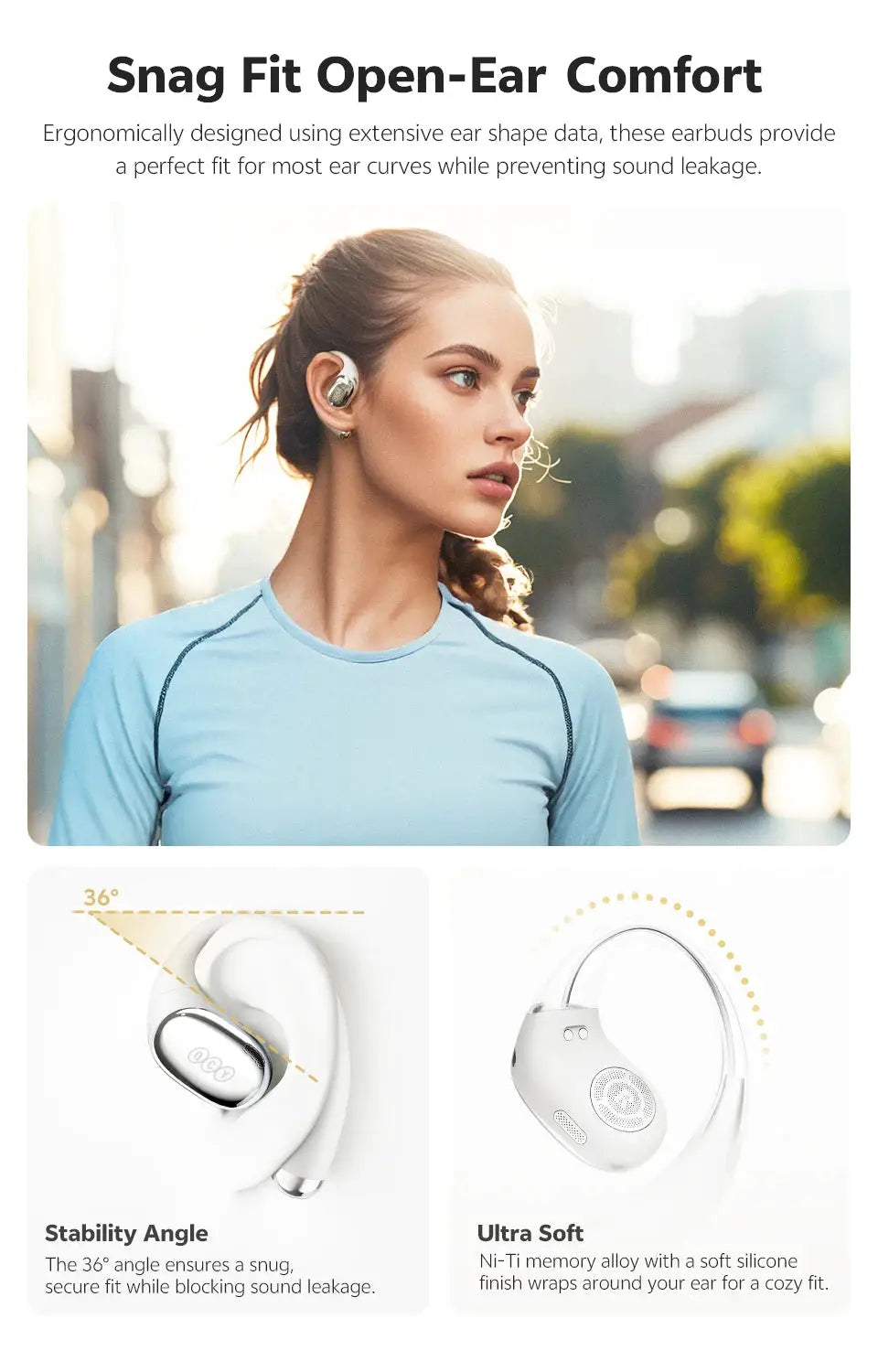 QCY Crossky R70 open-ear wireless headphones by Simples Market; white-silver sport earphones, shown in three views.