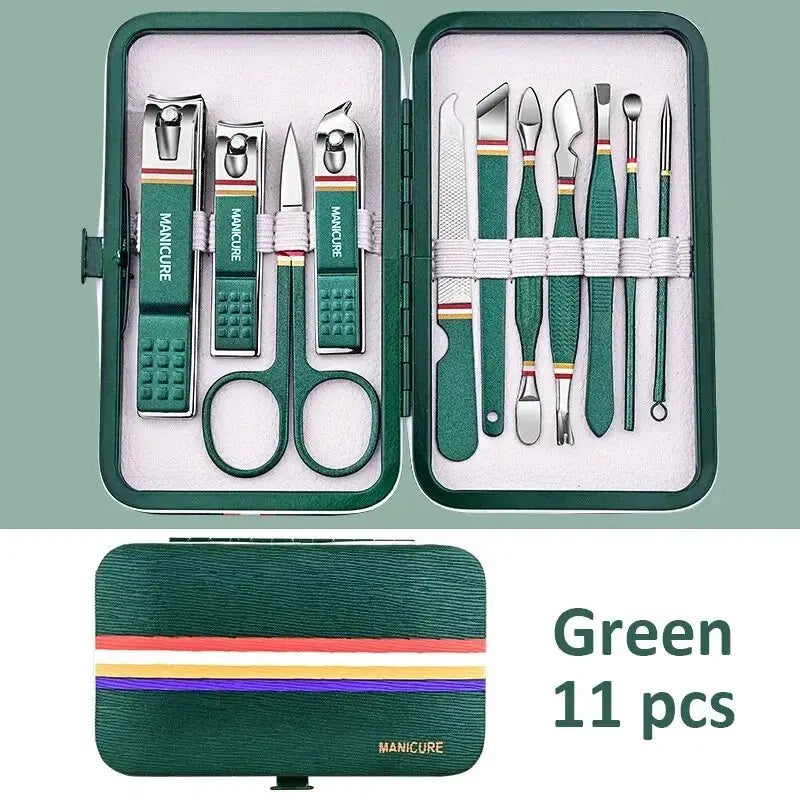 11-piece manicure tool set with stainless steel tools in green folding case