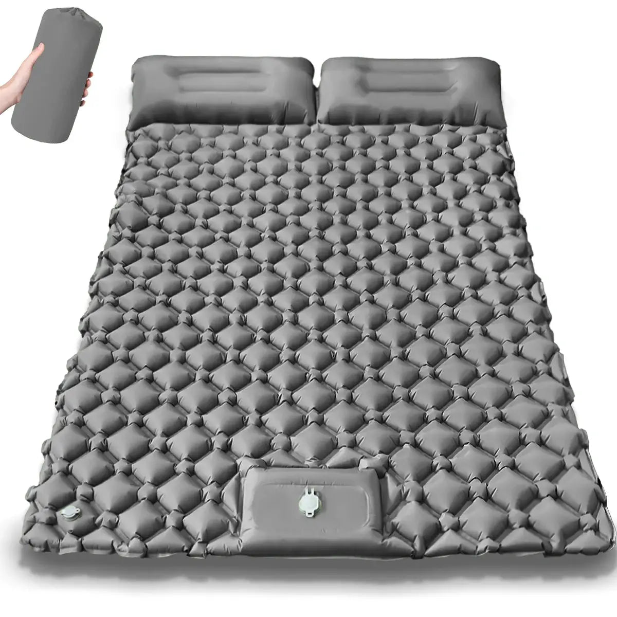 Double air mattress with built-in pump, grey waterproof camping bed with quilted diamond pattern.