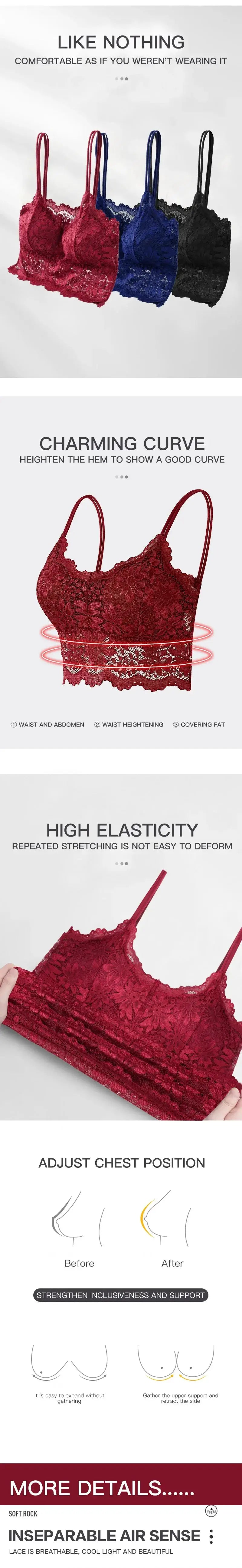 Lace bralette set for women in red, burgundy, blue, and black; wireless seamless underwear.