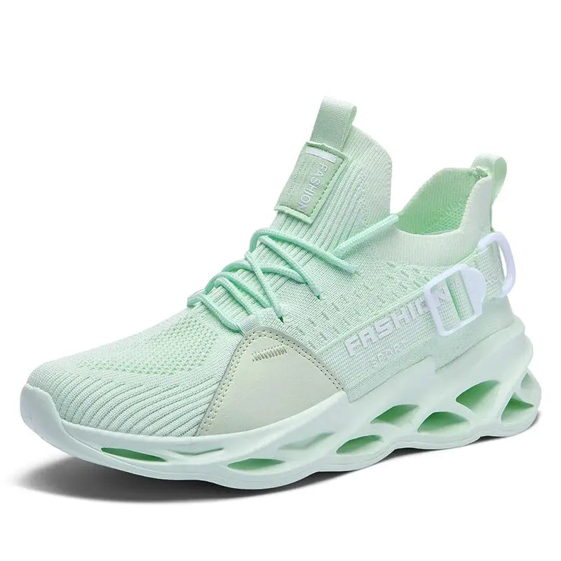 Lace-up mint green mesh sneakers with breathable upper and thick sole