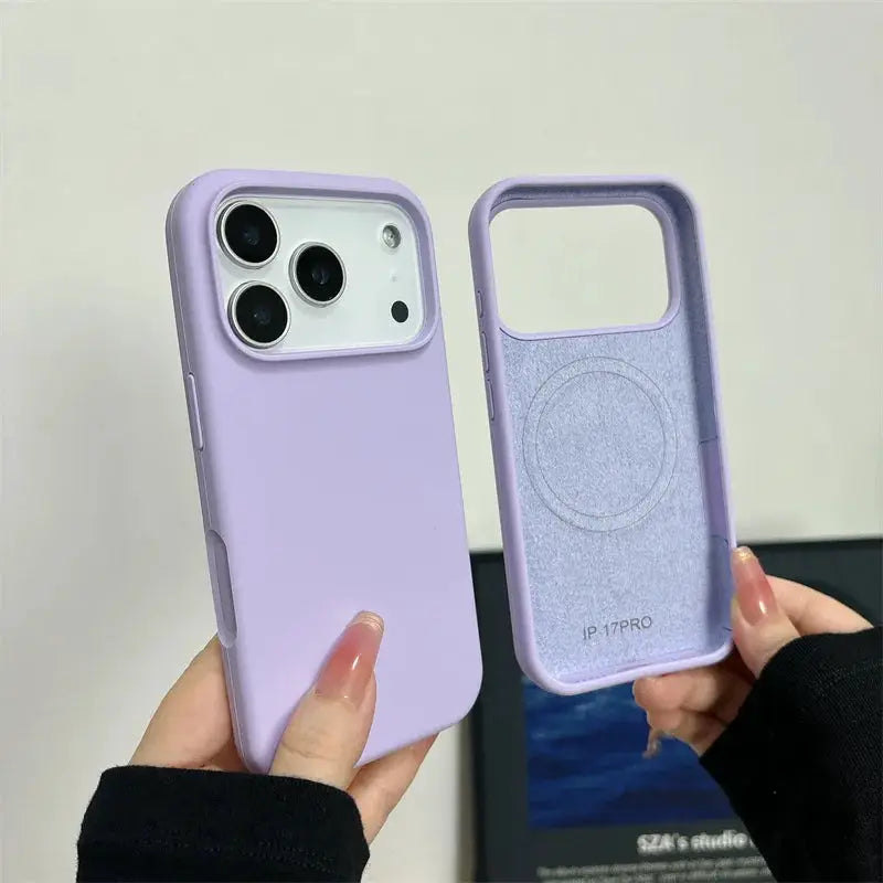 Magnetic liquid silicone case for iPhone 17 series by Simples Market, purple, MagSafe, shockproof with camera hole