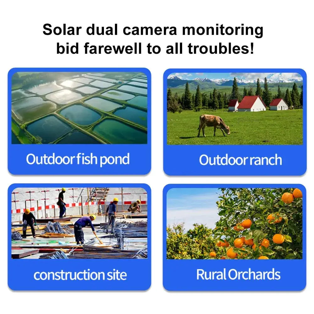 8MP 4K WiFi solar CCTV camera with dual lens; 4 scenes shown: fish pond, ranch, construction site, rural orchards