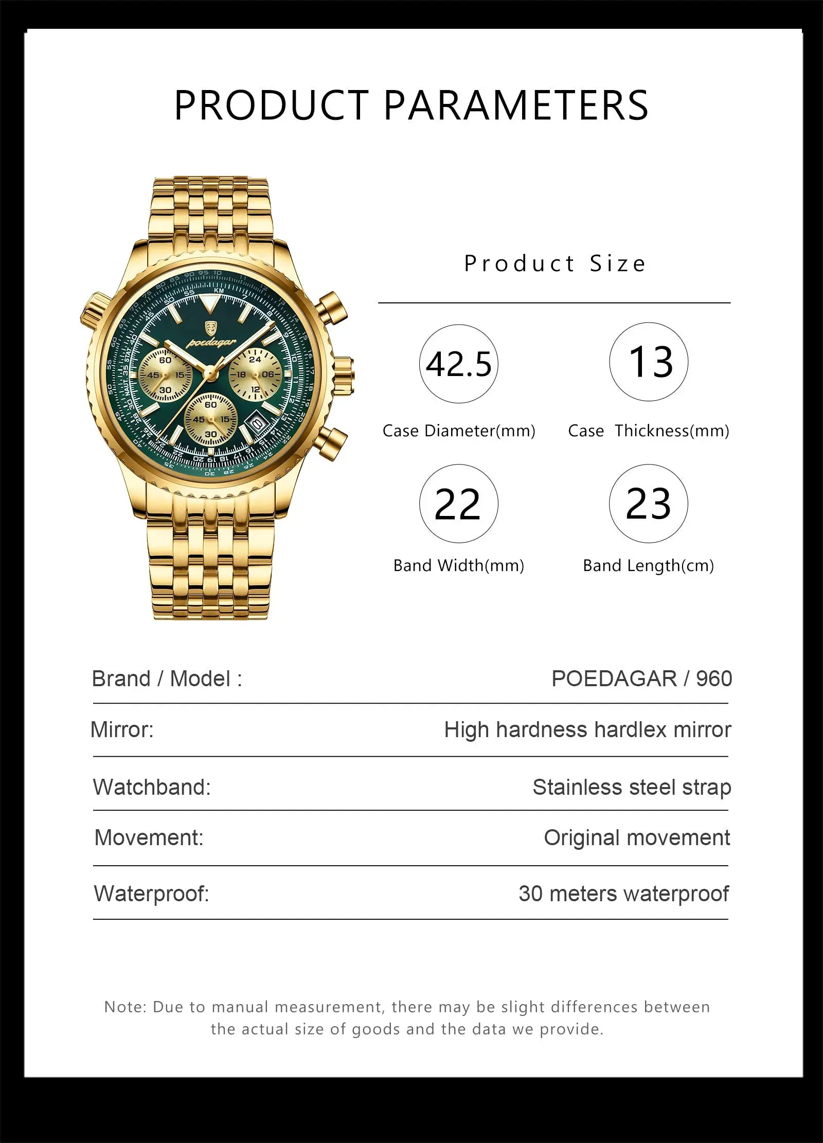 POEDAGAR gold-tone stainless steel men's chronograph wristwatch with green dial
