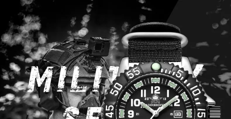 Addies Dive men's watch by Simples Market with black dial, date display, rotating bezel, 50m water resistance