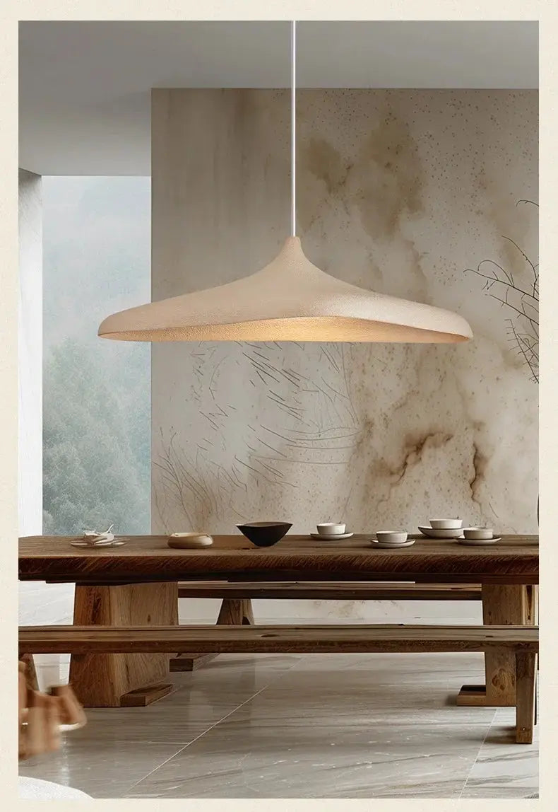 Pendant light: beige wabi-sabi LED ceiling chandelier over a wooden dining table