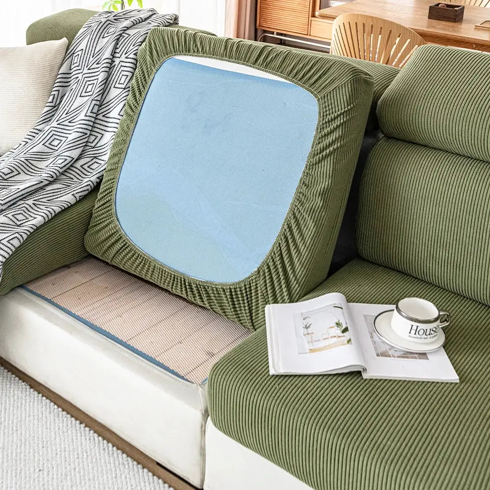 Sofa cushion cover in green jacquard corduroy with blue insert, removable for living room sectional