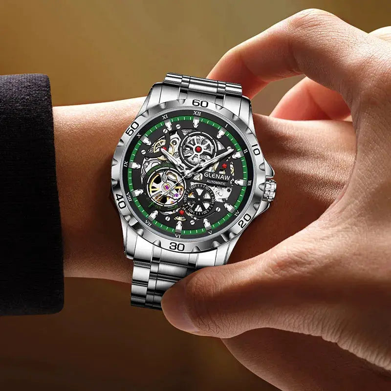 GLENAW skeleton automatic men's watch with stainless steel strap and green bezel, showing exposed gears.