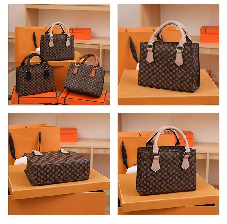 Simples Market fashion square small top-handle tote bag, brown plaid PU leather, set of four