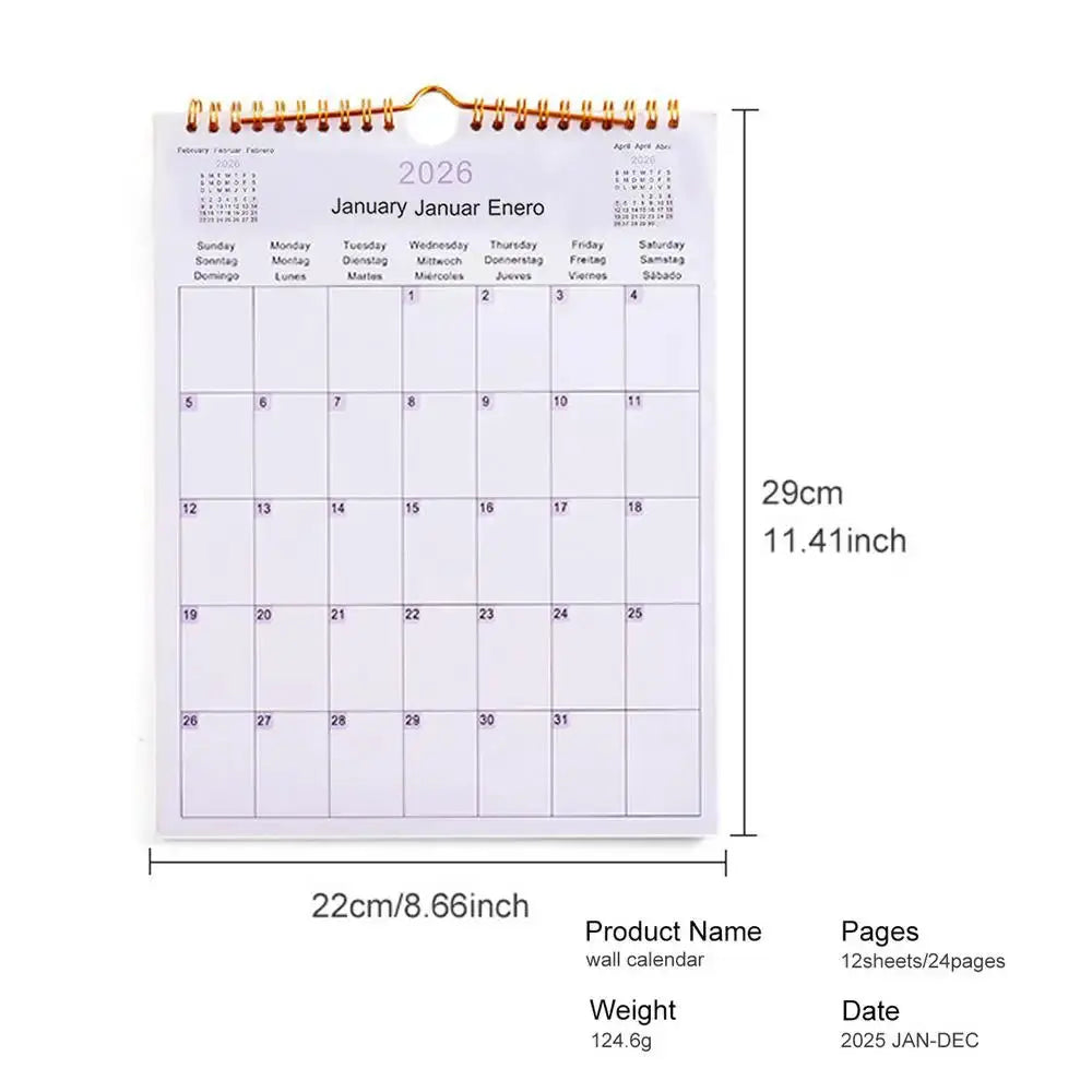 2026 multilingual wall calendar by Simples Market with gold coil binding, 12 months.