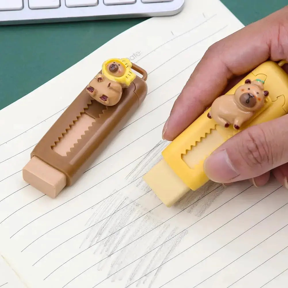 Capybara erasers set, 2 cartoon retractable erasers in brown and yellow for drawing, exams, and school