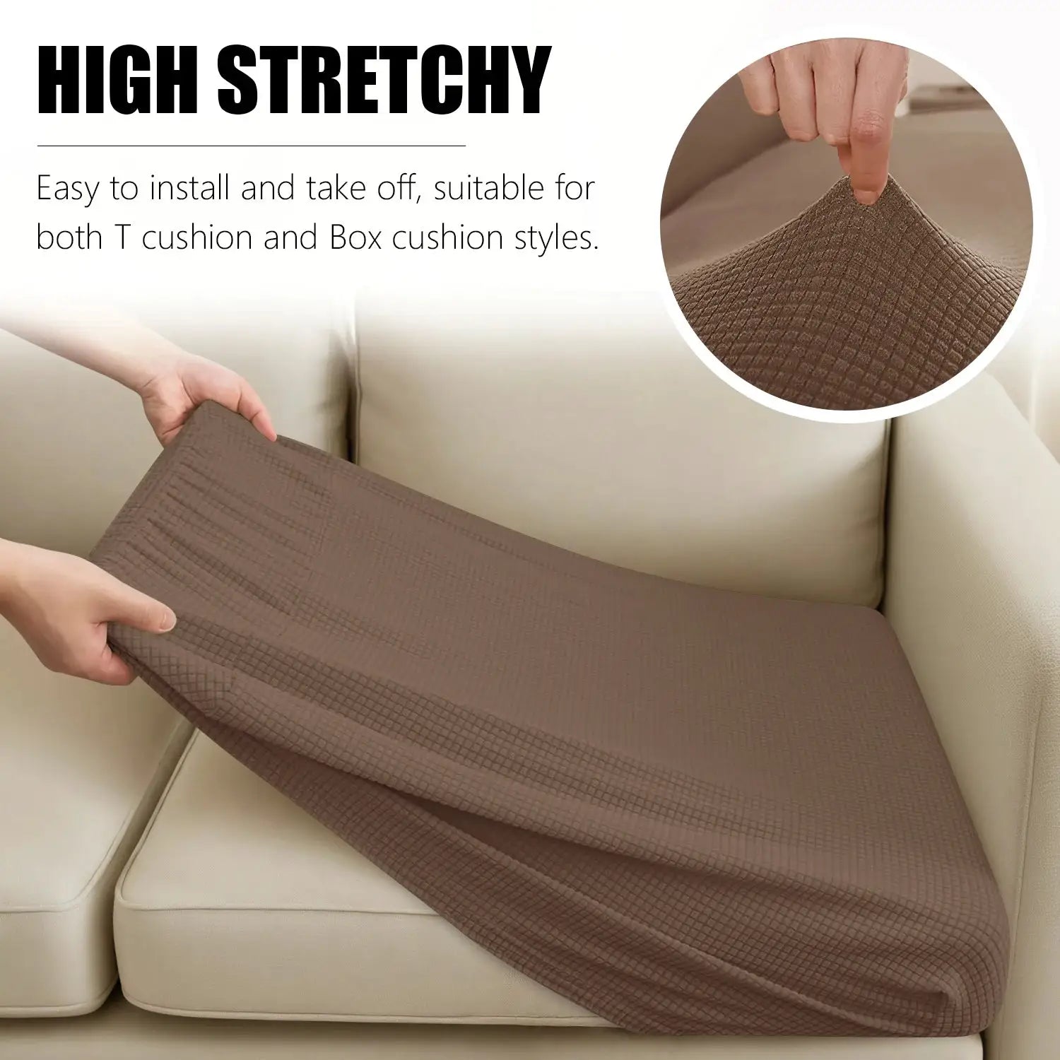 Sofa cushion cover kit in brown jacquard; waterproof stretch slipcover for 1–4 seats