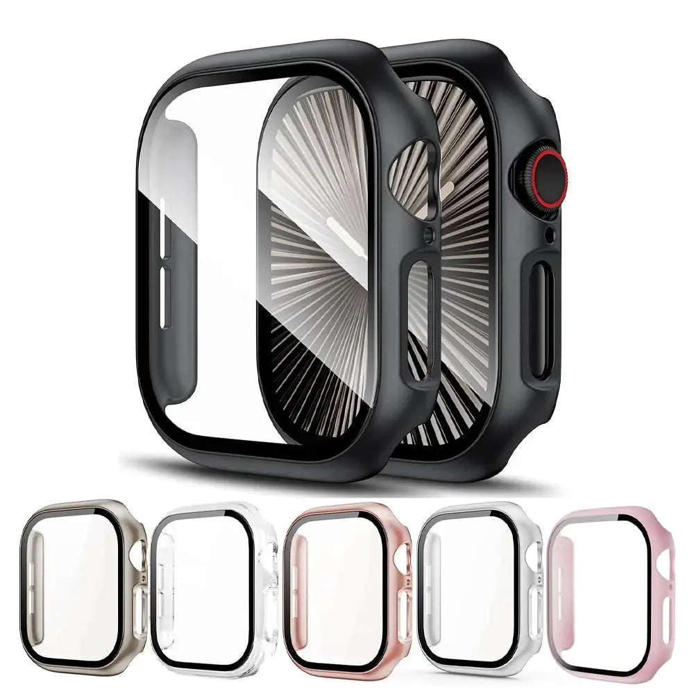 Simples Market Apple Watch tempered-glass screen protector and case, 38–46mm, black bumper; colors