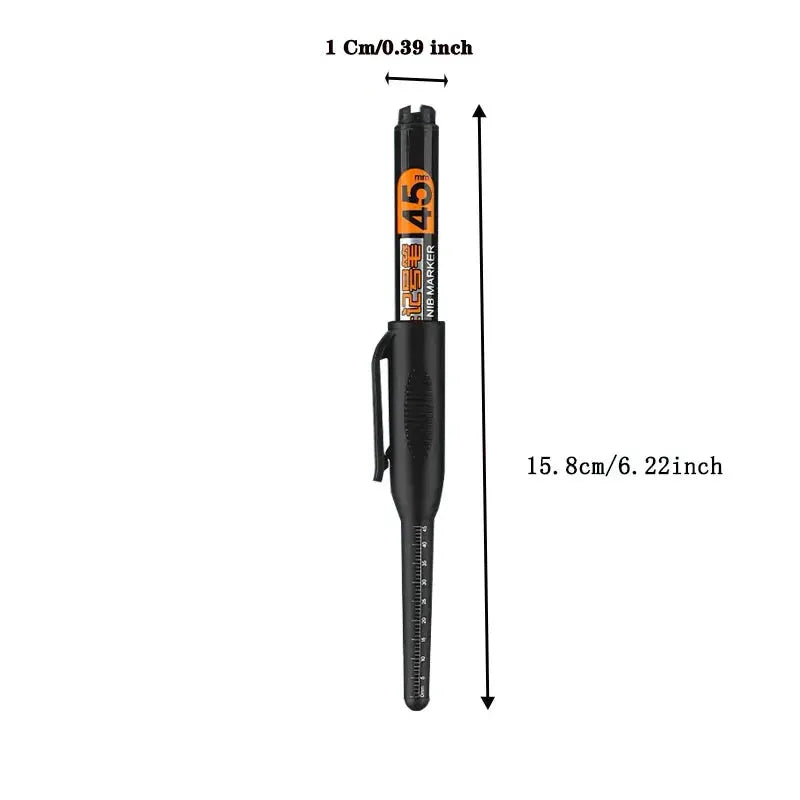 Marker pen by Simples Market, 45mm tip waterproof long-head, black body with orange label and built-in ruler