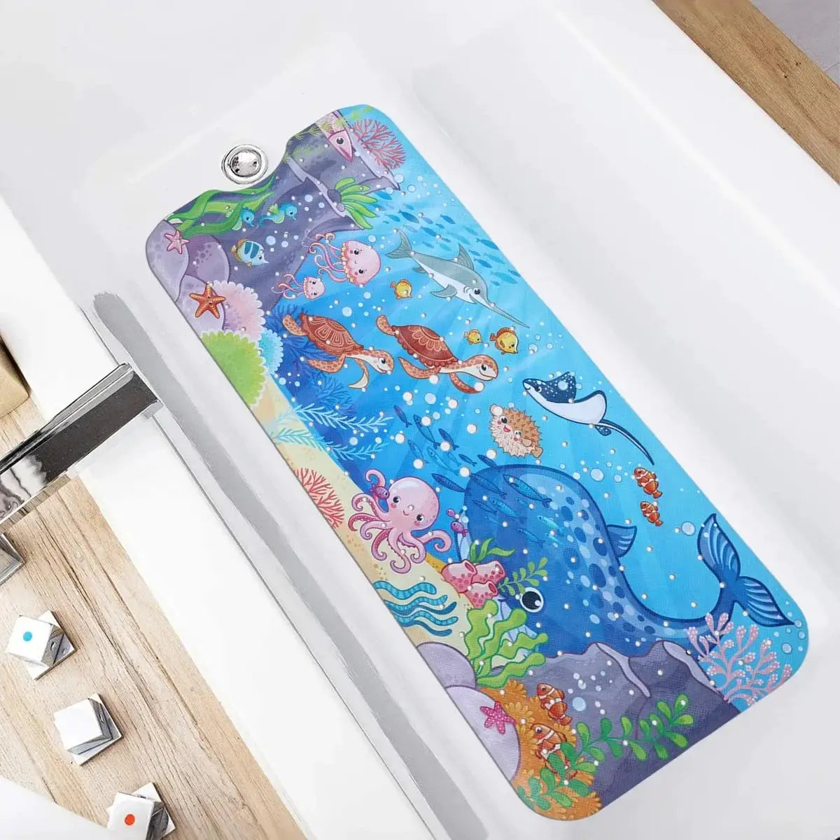 Cartoon extra-long bathtub mat, blue sea-life print, 40x100cm, non-slip with suction cups
