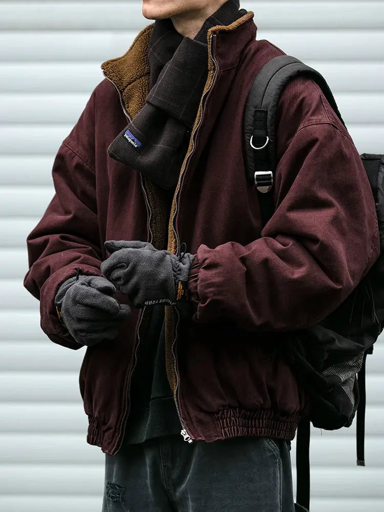 Men's burgundy polar fleece jacket with sherpa lining, Japanese vintage style, thick winter coat.