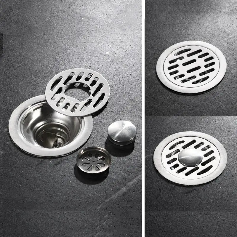Stainless steel floor drain set with anti-odor grate and hair catcher for shower, bath, and kitchen (4-piece)