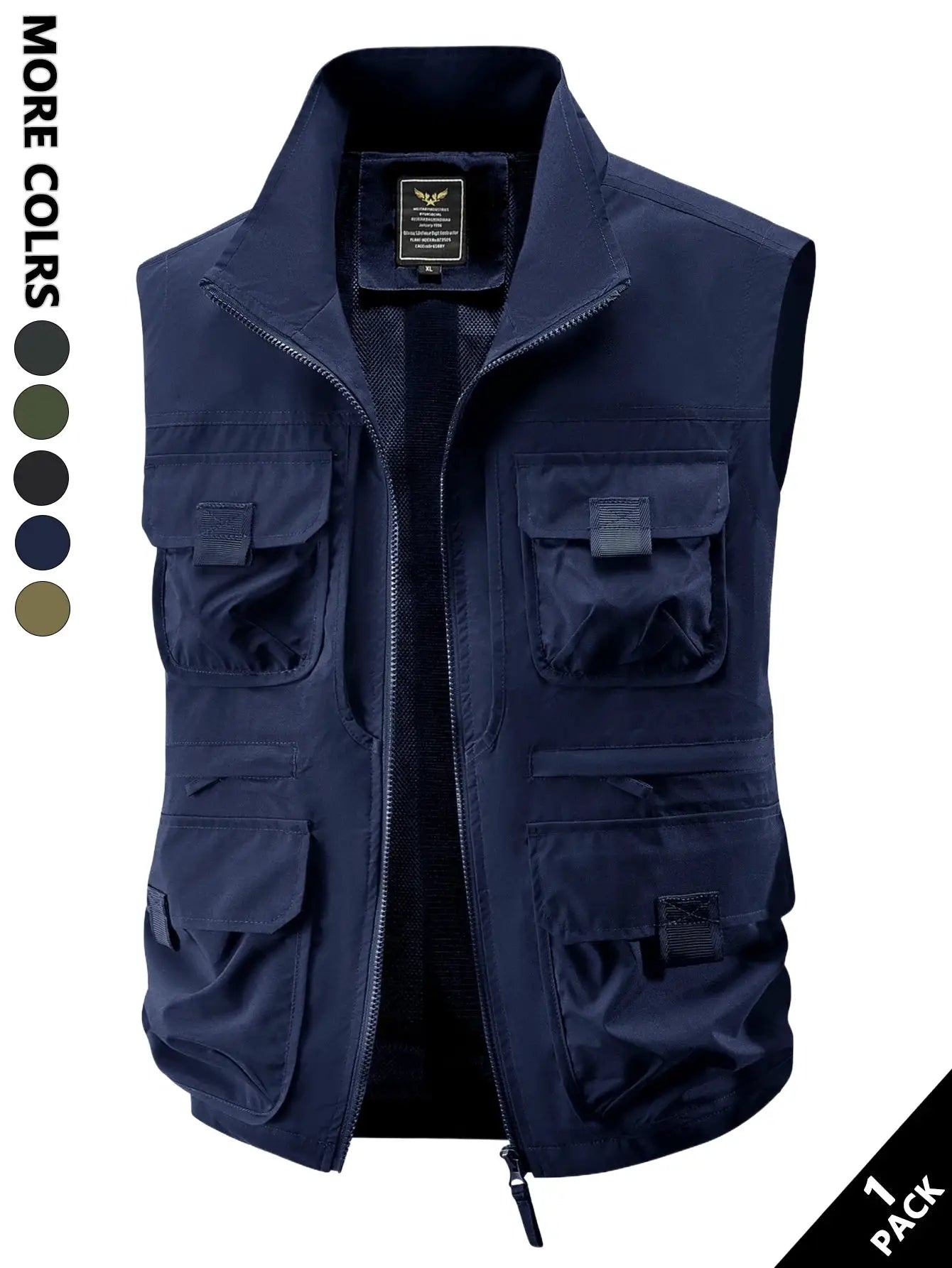 Men's Simples Market windproof cargo vest in navy with multiple front pockets and full-zip closure
