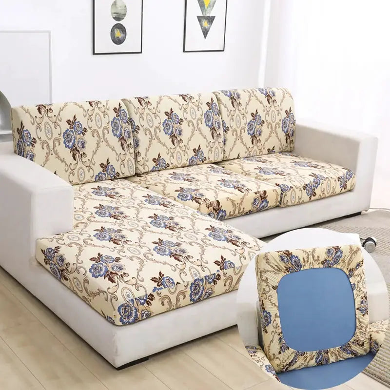 Floral printed stretch sofa cushion and backrest slipcovers for L-shaped couch, beige with blue flowers