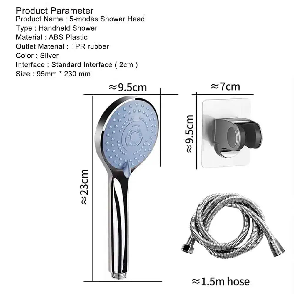 Simples Market 5-model hand shower kit with silver ABS head, universal adapter, 1.5m hose and wall mount