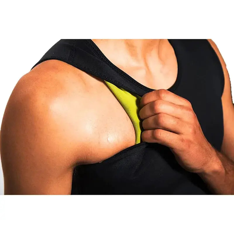 Men's slimming body shaper vest with lime-green inner panel; black sleeveless waist trainer shapewear