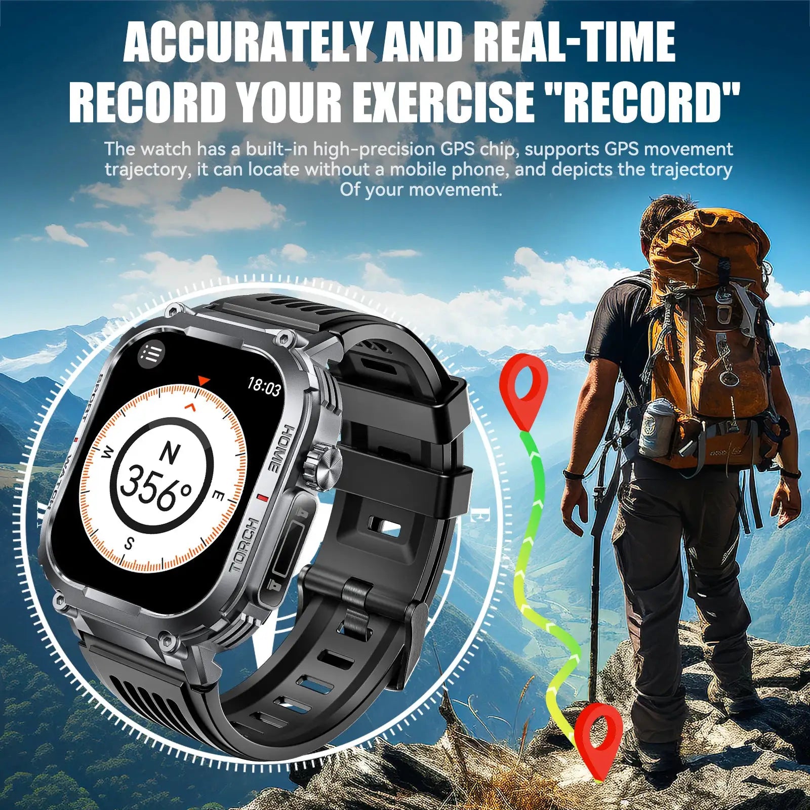 EIGIIS smart watch for men by Simples Market, 2.02-inch display, black metal case with GPS compass