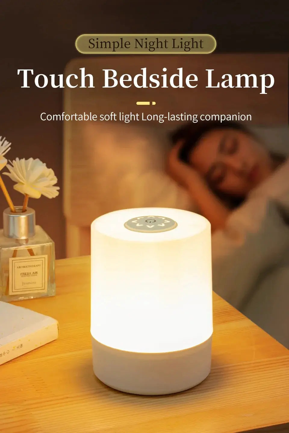 Bedside LED touch night light; white cylindrical rechargeable desk lamp by Simples Market, dimmable.