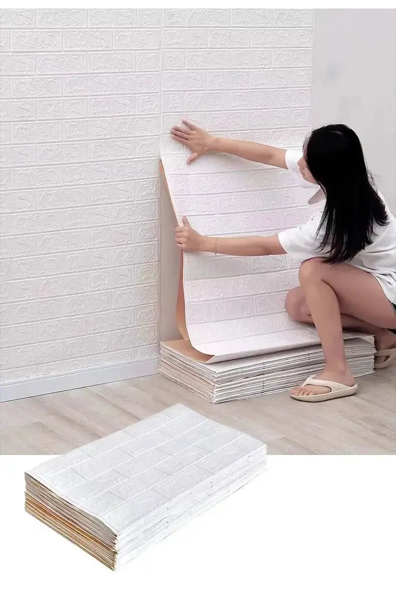 3D self-adhesive brick wallpaper roll, white embossed bricks; waterproof wall decor for living room, bedroom, or kids' room.
