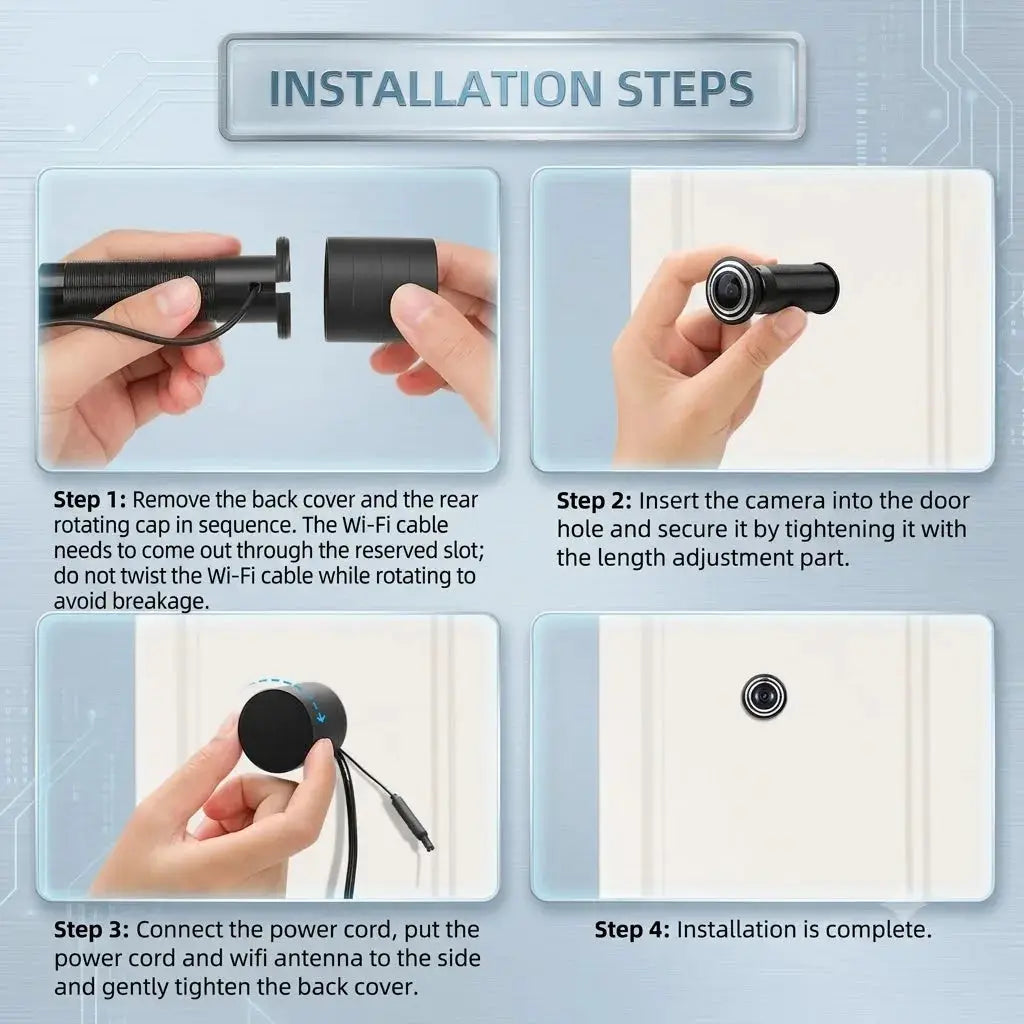 3MP 2K WiFi Video Door Viewer peephole camera by Simples Market, black, 4-step installation guide