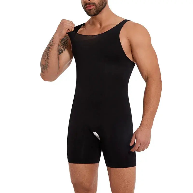 Men's sleeveless full-body shapewear bodysuit in black by Simples Market