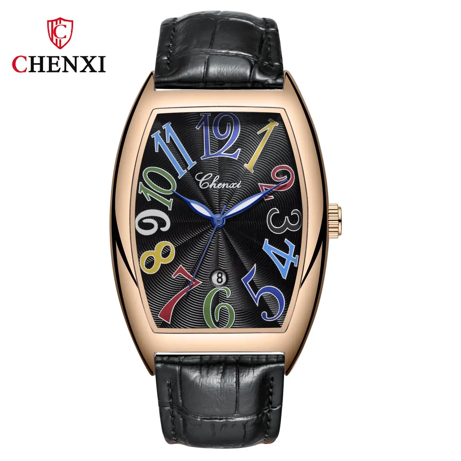 CHENXI men's watch with a rose-gold curved case and black leather strap.