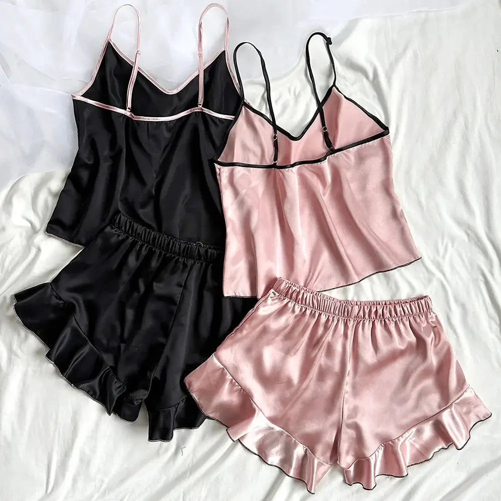 LuxeLuna Satin Pajama Set With Breathable V Neck Top Ruffled Edges And Bow Shorts