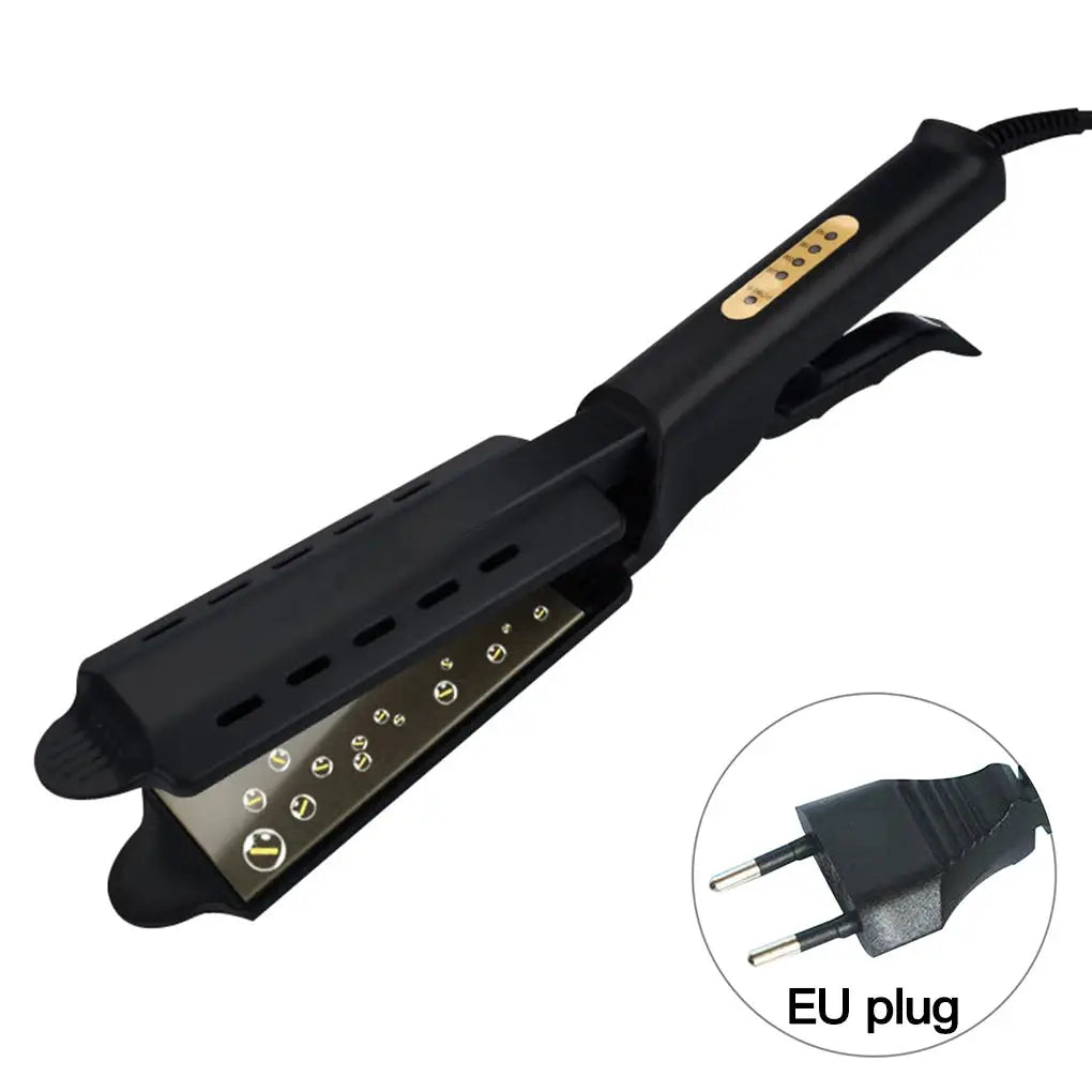 Hair straightener black with wide ceramic-tourmaline plates and four-gear temperature control; EU plug