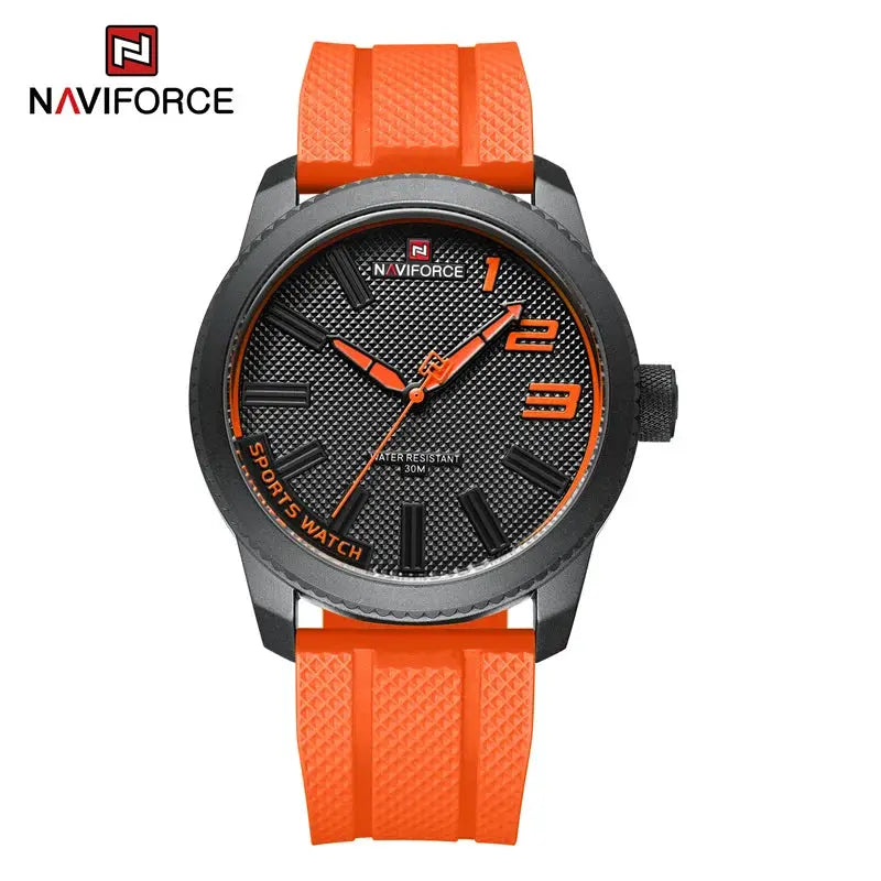 NAVIFORCE men's quartz sports watch with orange silicone strap and black textured dial, water resistant 30m.