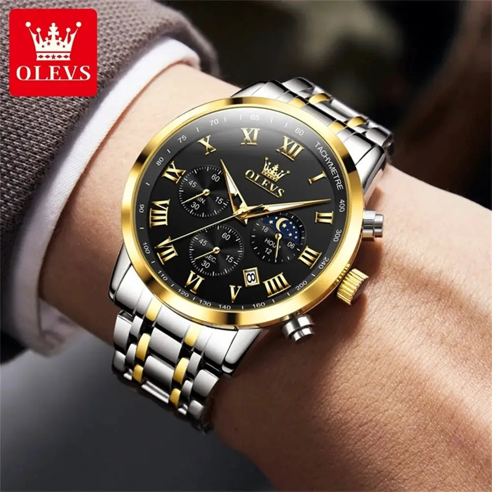 OLEVS two-tone stainless steel men's watch with black dial, gold bezel, Roman numerals and moon-phase subdial