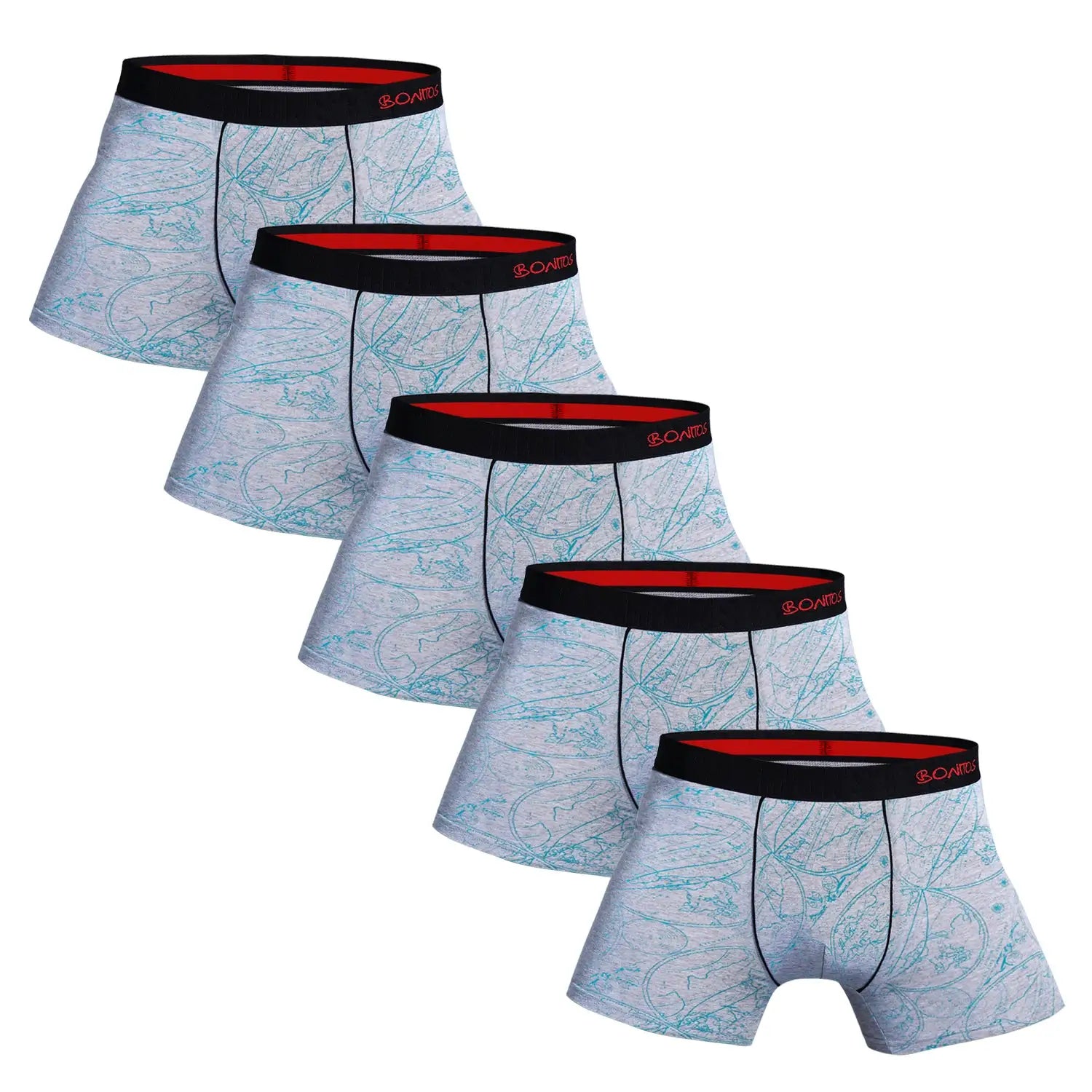 5-pack men's cotton boxer briefs in light grey with blue map print; black waistband with red BONITOS logo