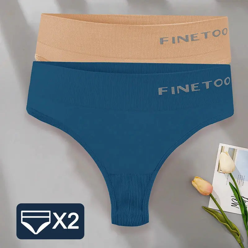 FINETOO 2-pack women's thong panties, high-waist bodyshaper, beige and teal, sizes M-2XL