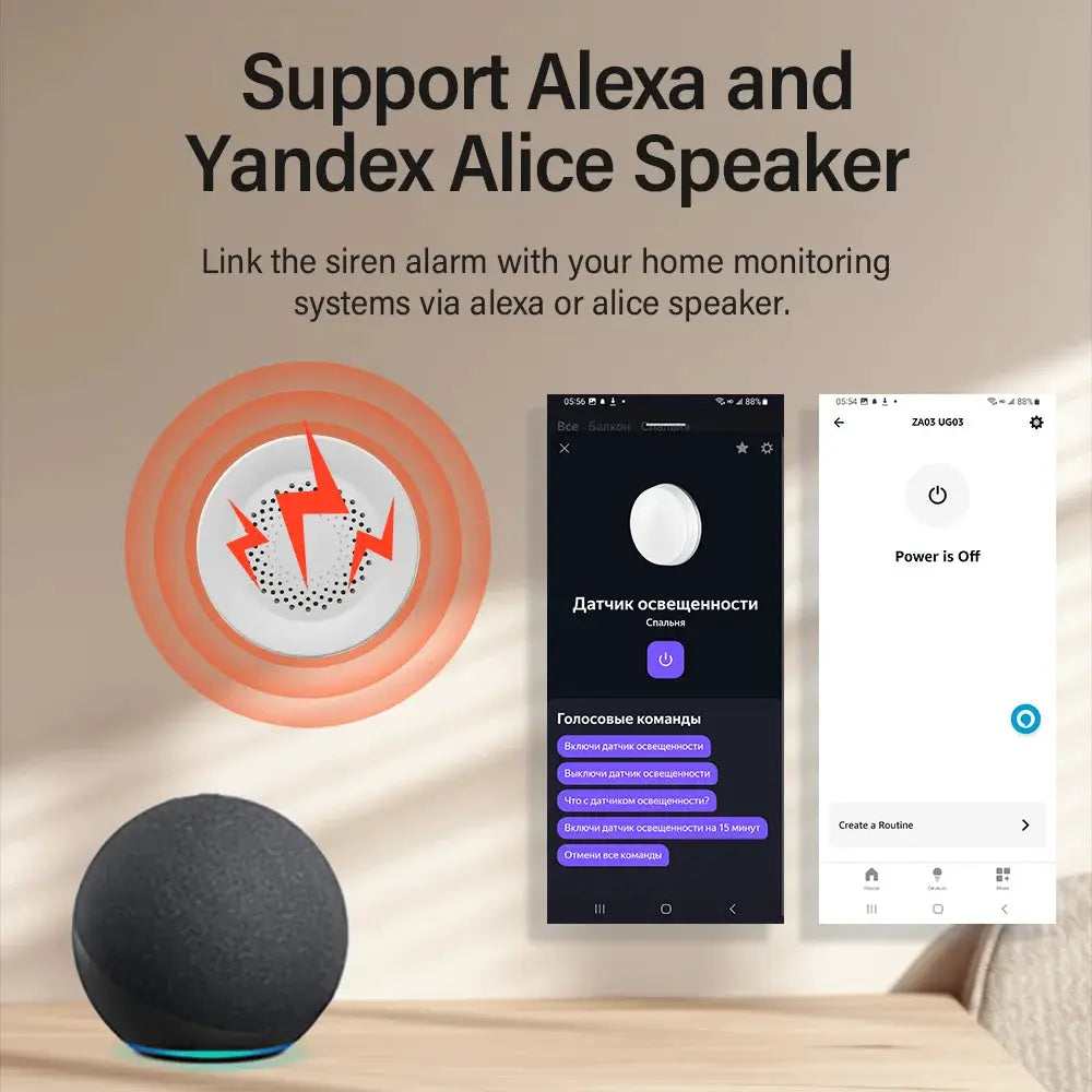 Tuya Zigbee WiFi Smart Siren Alarm 100dB by Simples Market; two devices shown, Alexa/Yandex compatible