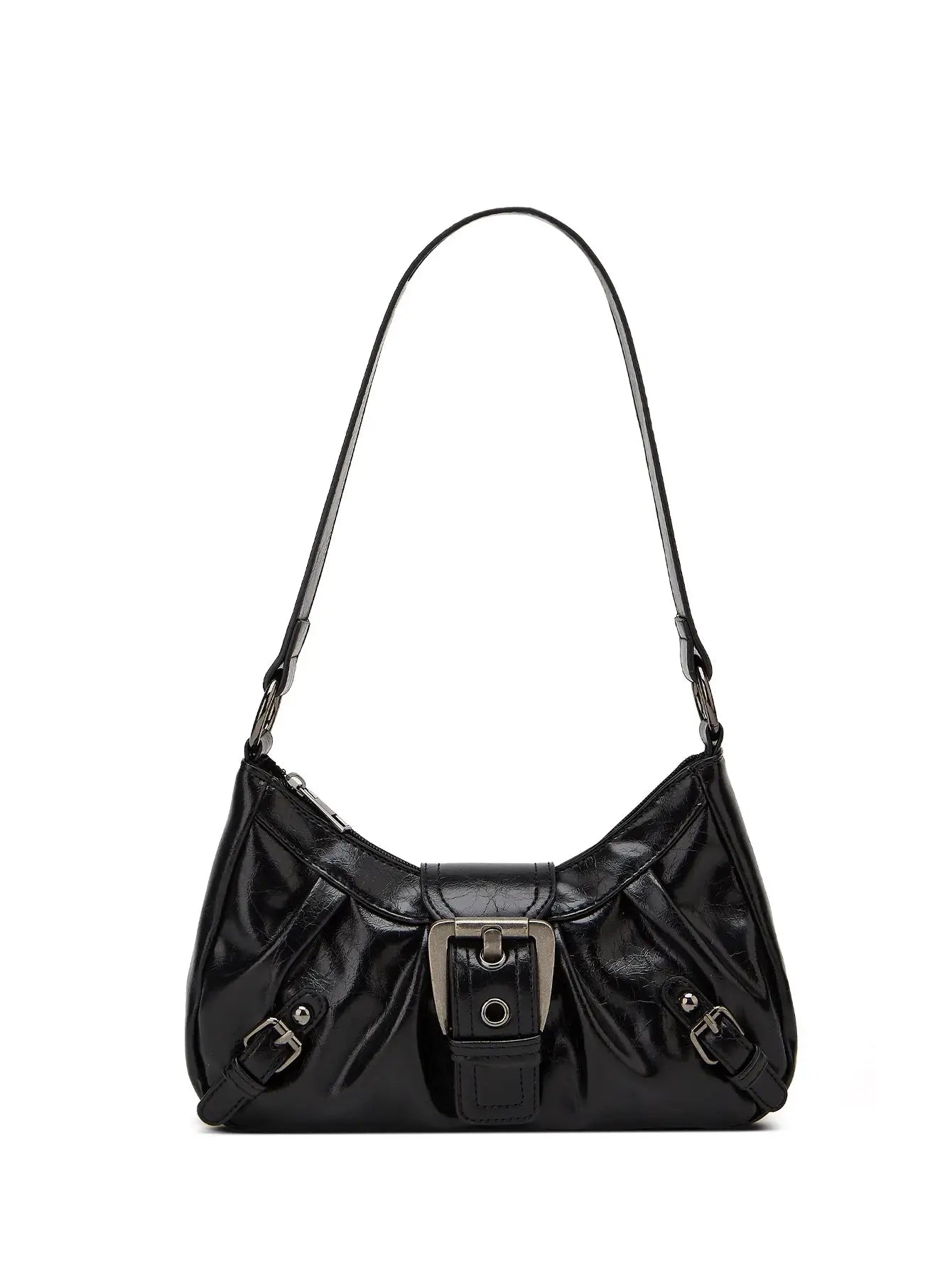 Y2K retro shoulder bag in black patent leather with front buckle and rivet accents.